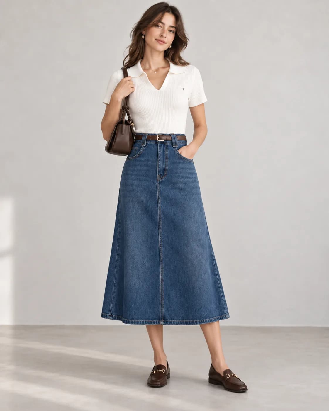 Shop the look: White Polo Top With Denim Midi Skirt and Loafers: A Polished Everyday Look