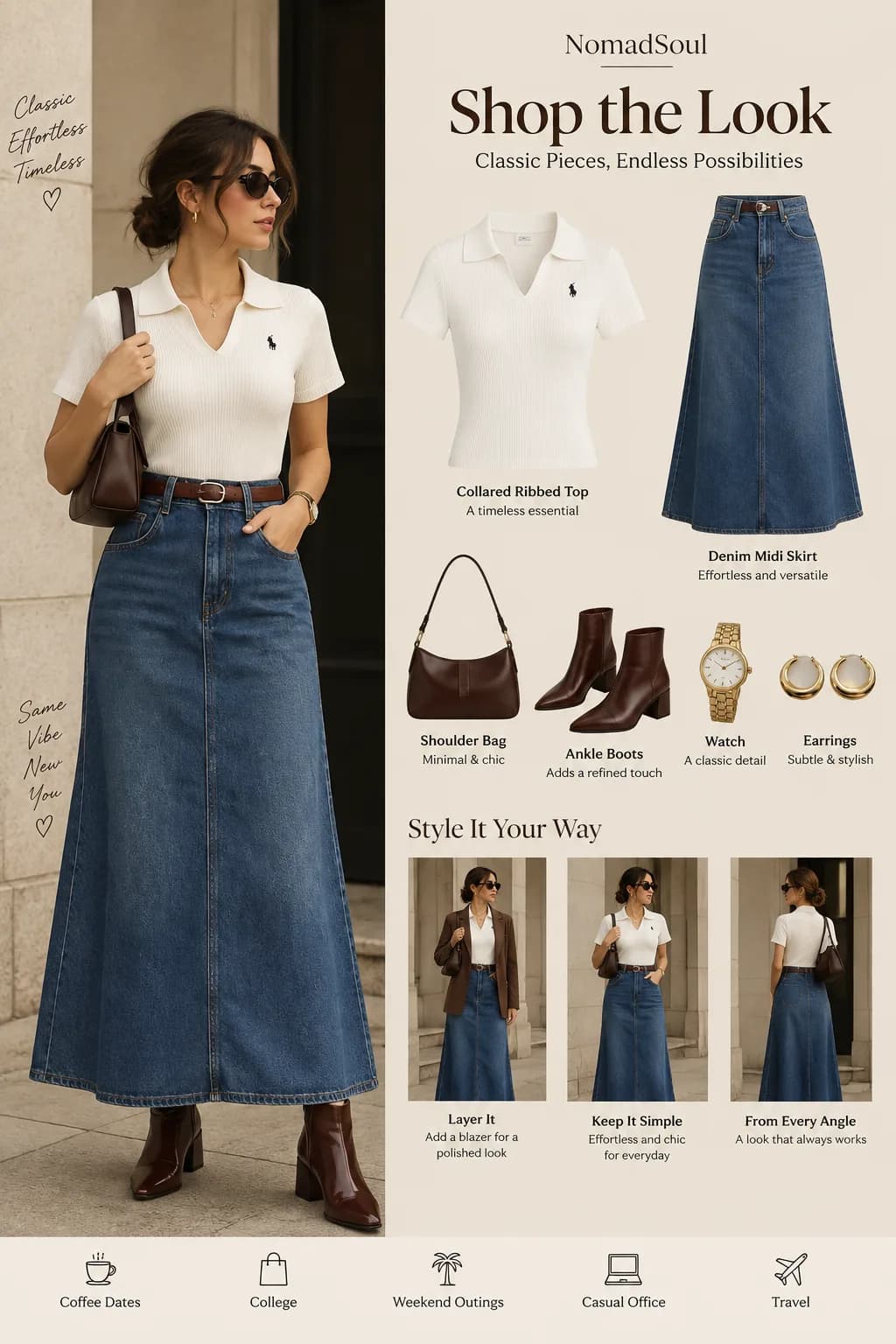 Shop the look: White Polo Top With Denim Midi Skirt and Ankle Boots: A Timeless Polished Look