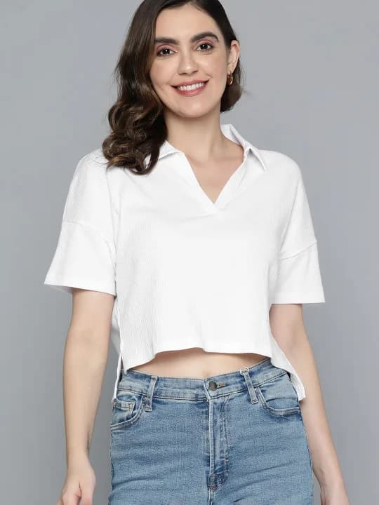 Polo Collar Drop-Shoulder Sleeves Boxy T-shirt