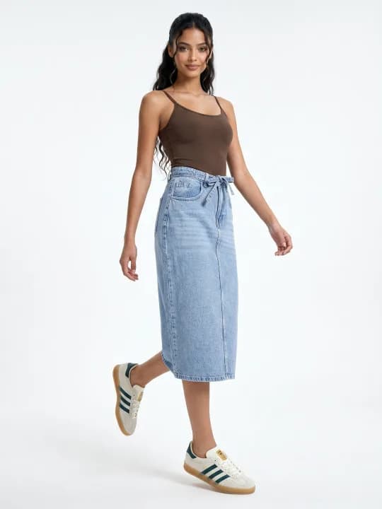 Women Back Slit Midi Denim Skirt