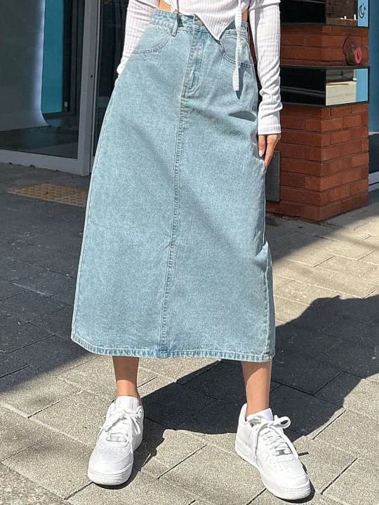 Straight Denim Midi Skirt