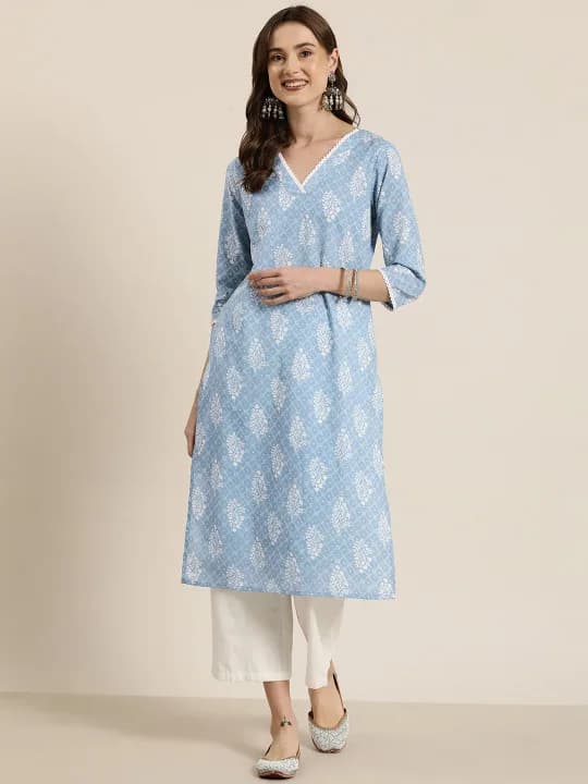 light blue printed V-neck kurti