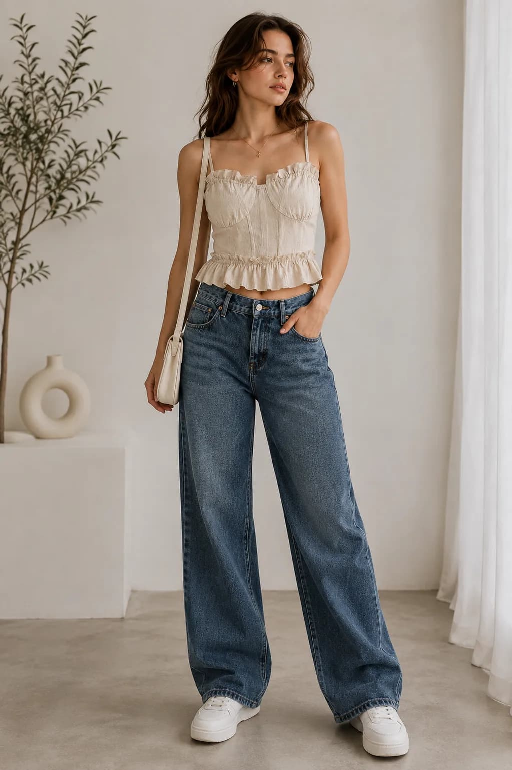 Cream Corset Top With Wide-Leg Jeans