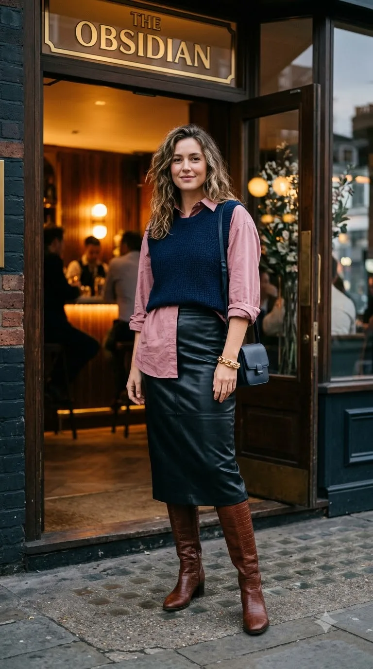 Leather Look Midi With a Dusty Pink Shirt