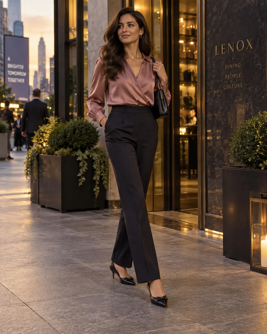 draped blouse with dark tailored trousers and kitten heels