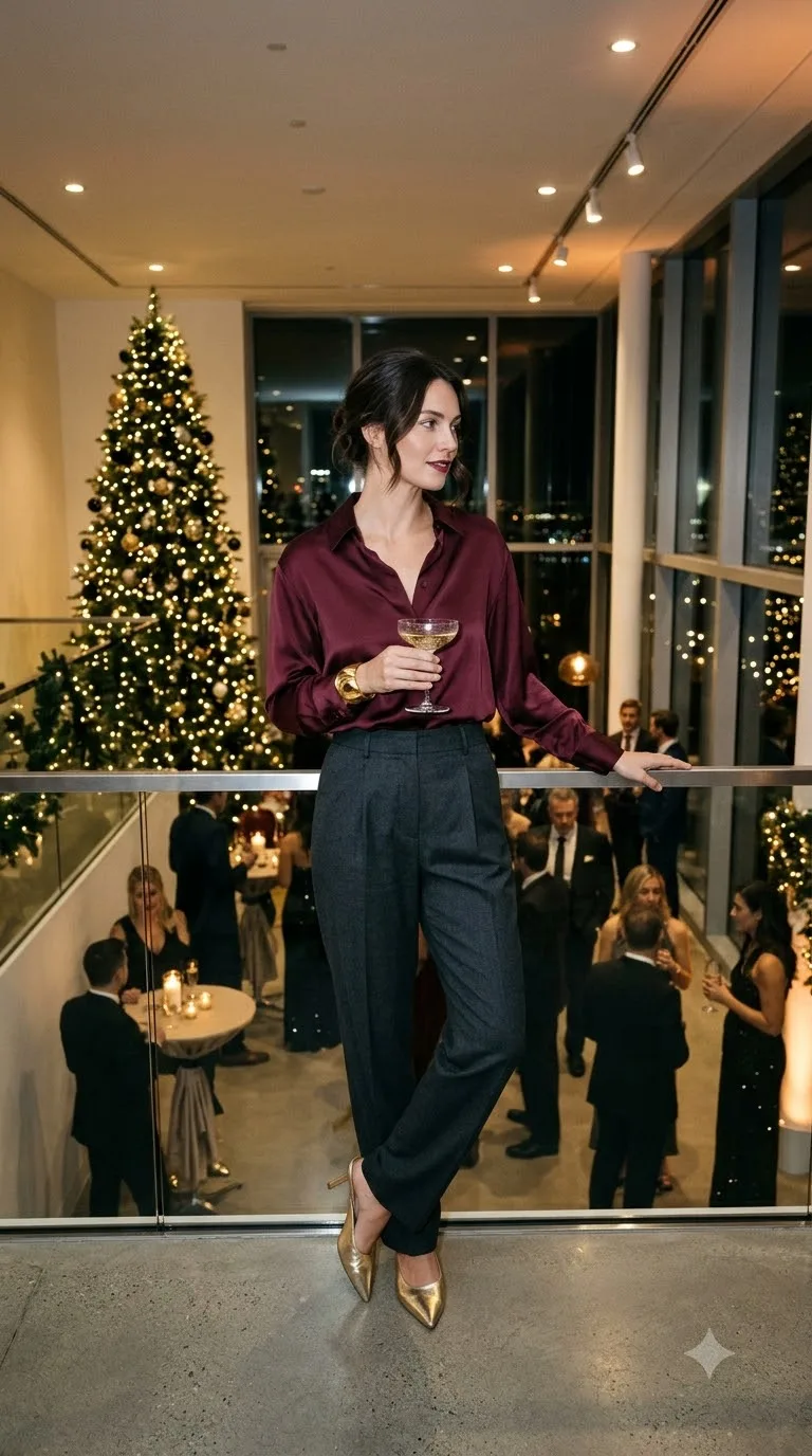 Wine Satin Shirt With Charcoal Trousers