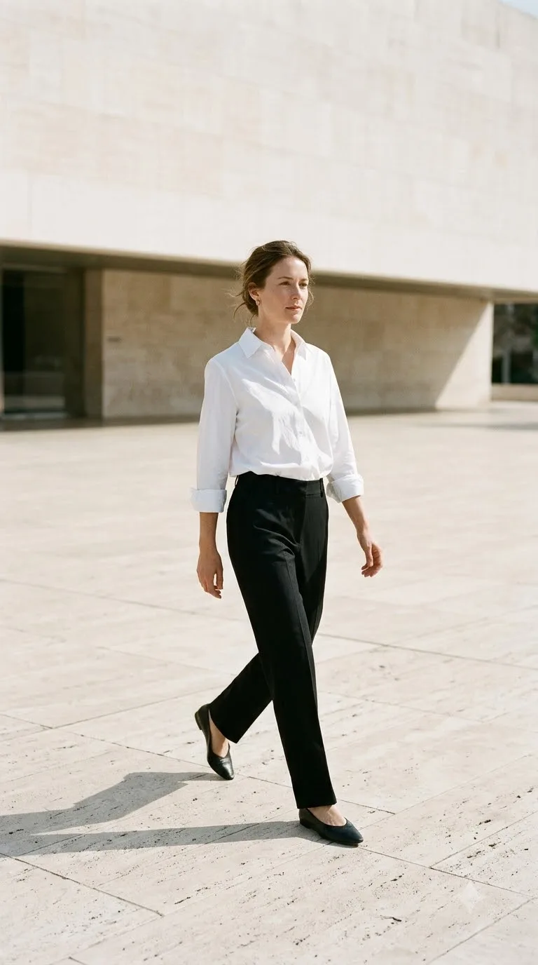 White Shirt, Black Trousers, Pointed Flats
