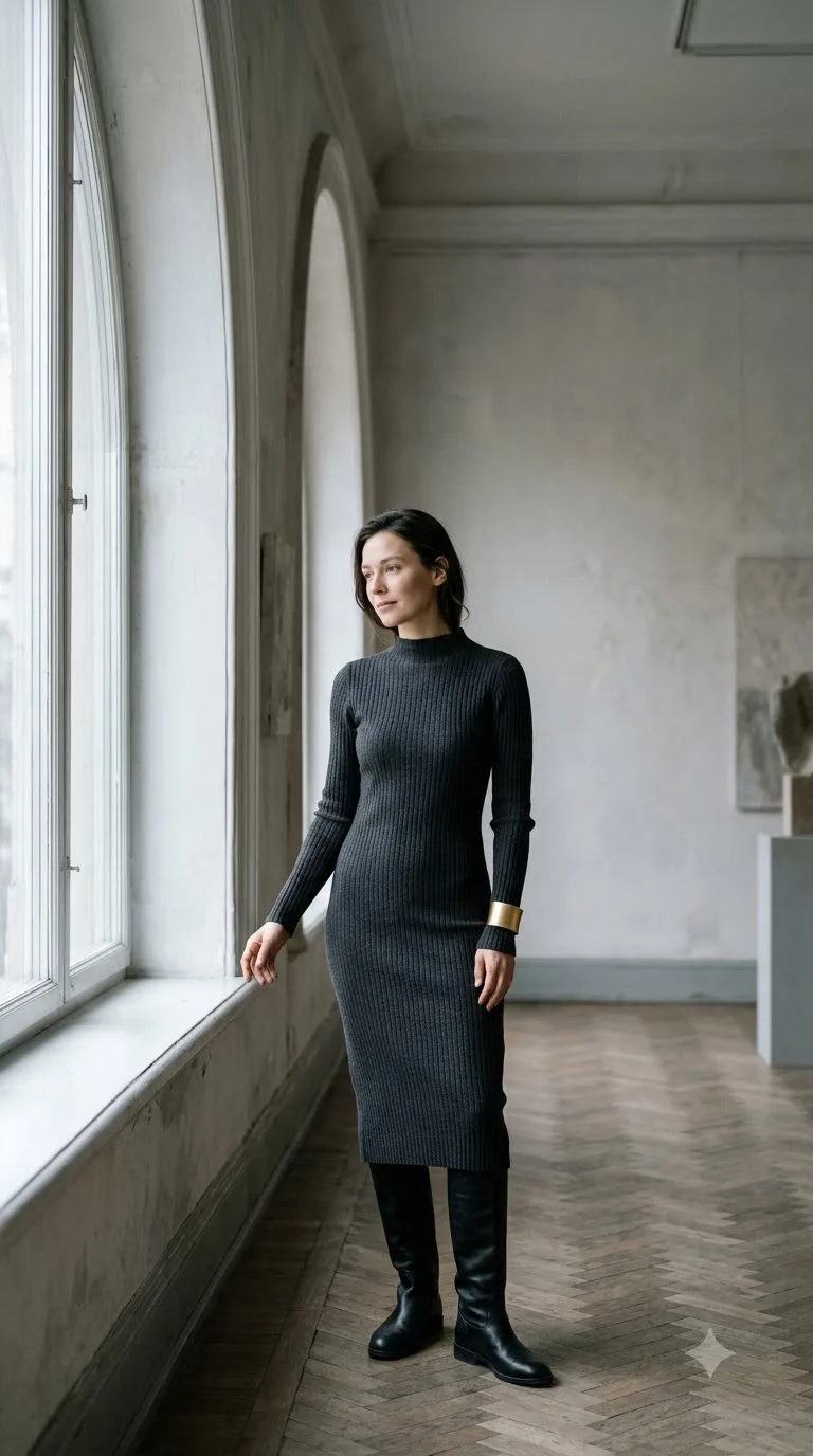 Charcoal Knit Midi With a Gold Cuff