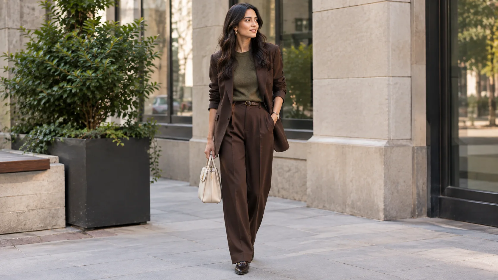 chocolate brown trouser jacket with olive knit