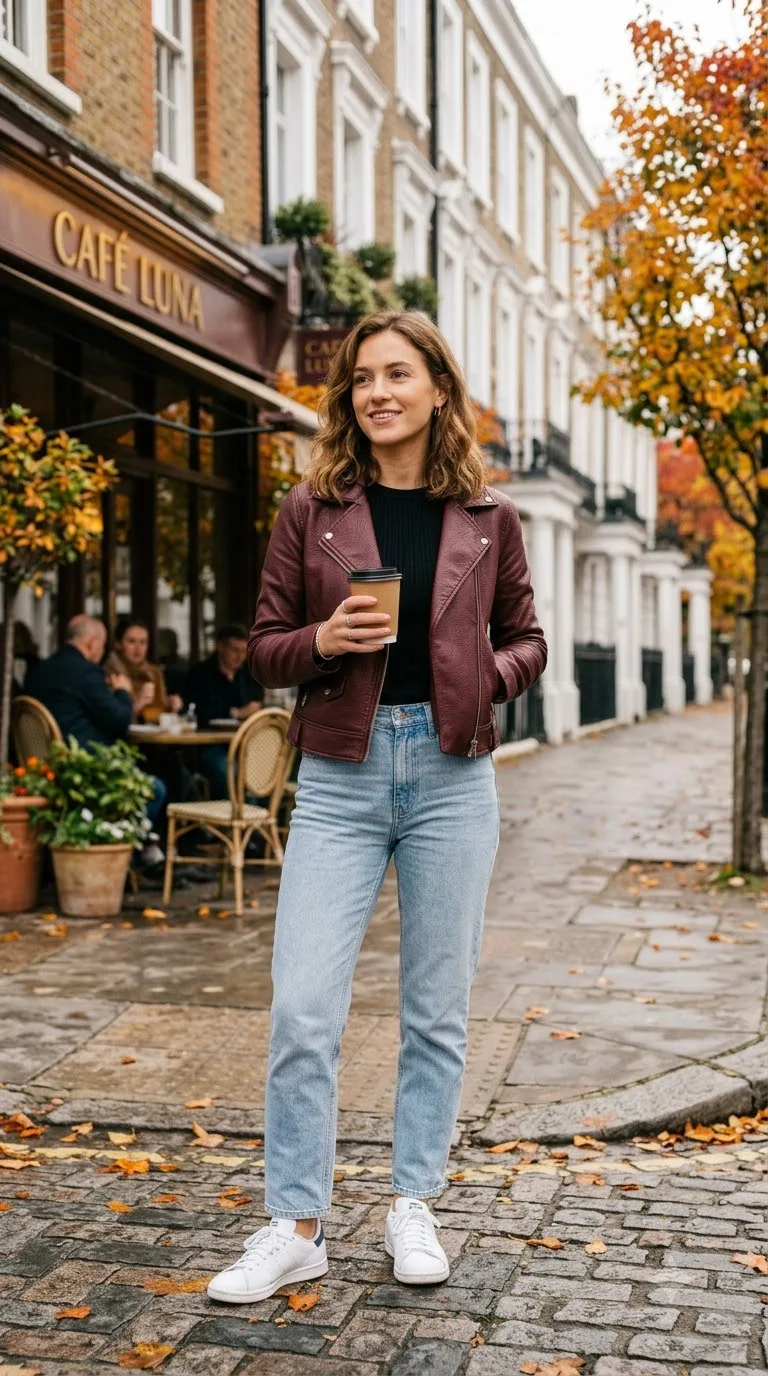 Burgundy Faux Leather Jacket With Black and Denim