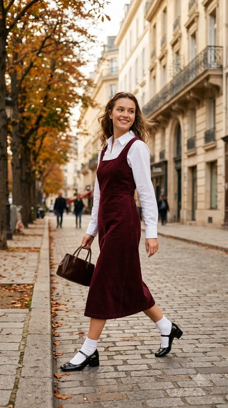 Burgundy Corduroy Pinafore With a White Shirt