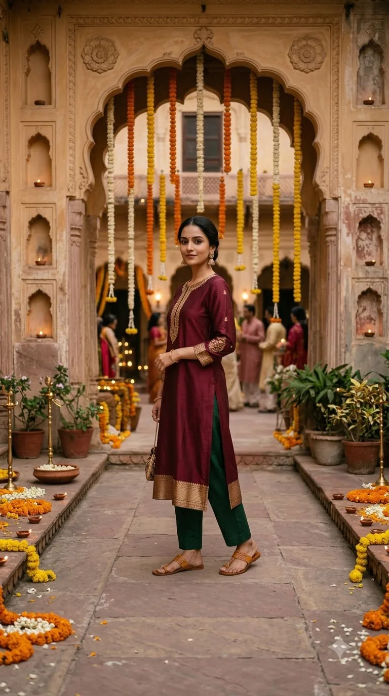 Burgundy Silk Kurta With Gold Zari