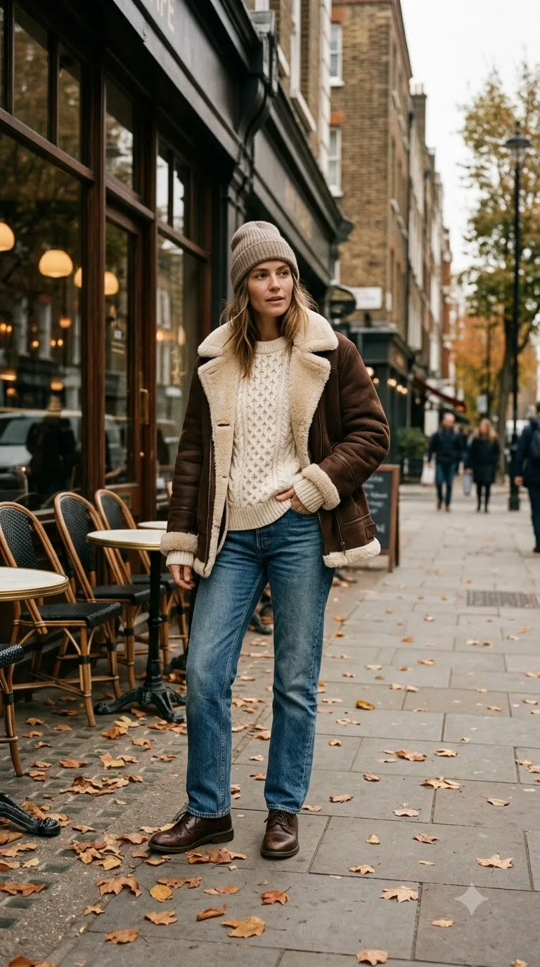 Chocolate Shearling Lined Jacket With a Fisherman Knit