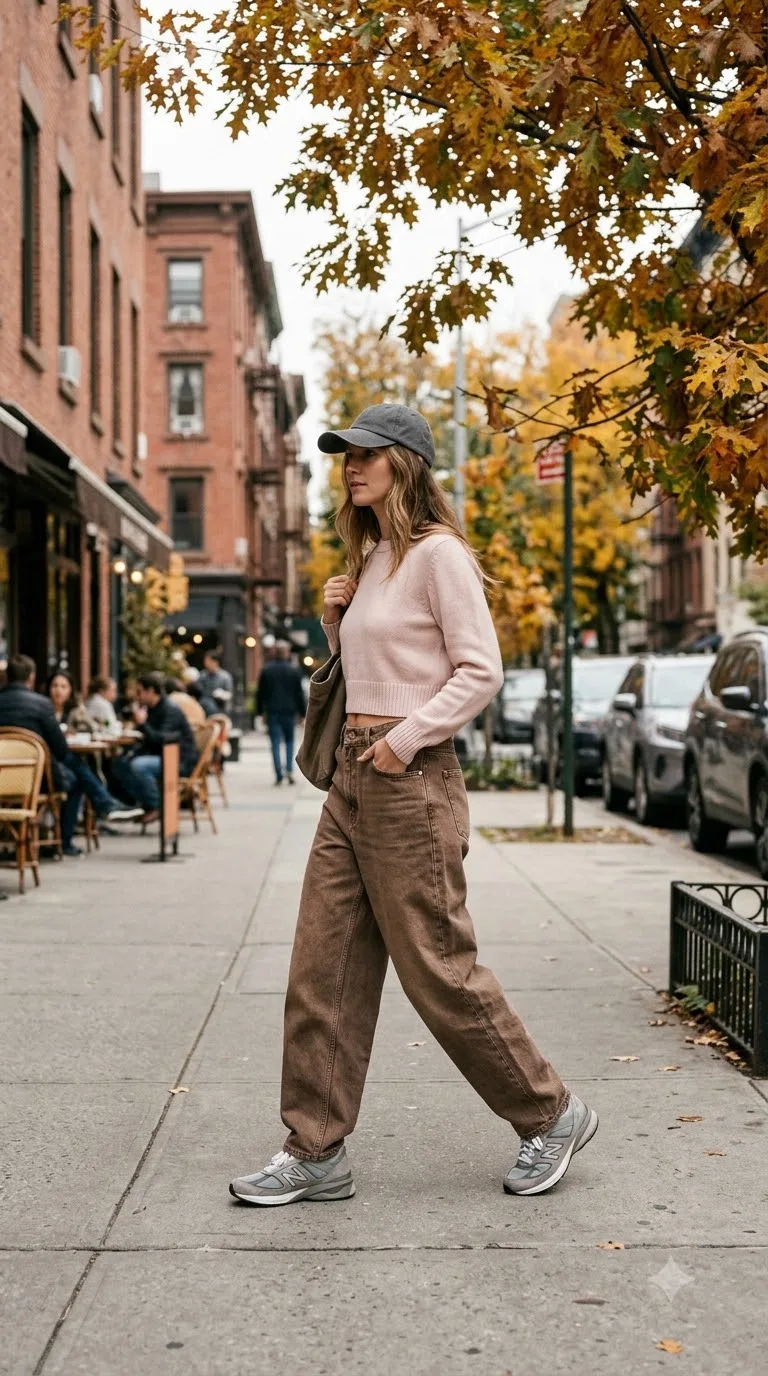 Barrel Leg Mocha Jeans With a Pink Knit