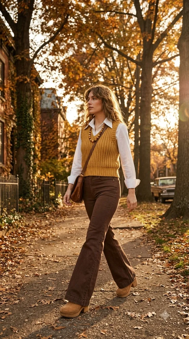 Flared Chocolate Jeans With a Mustard Vest