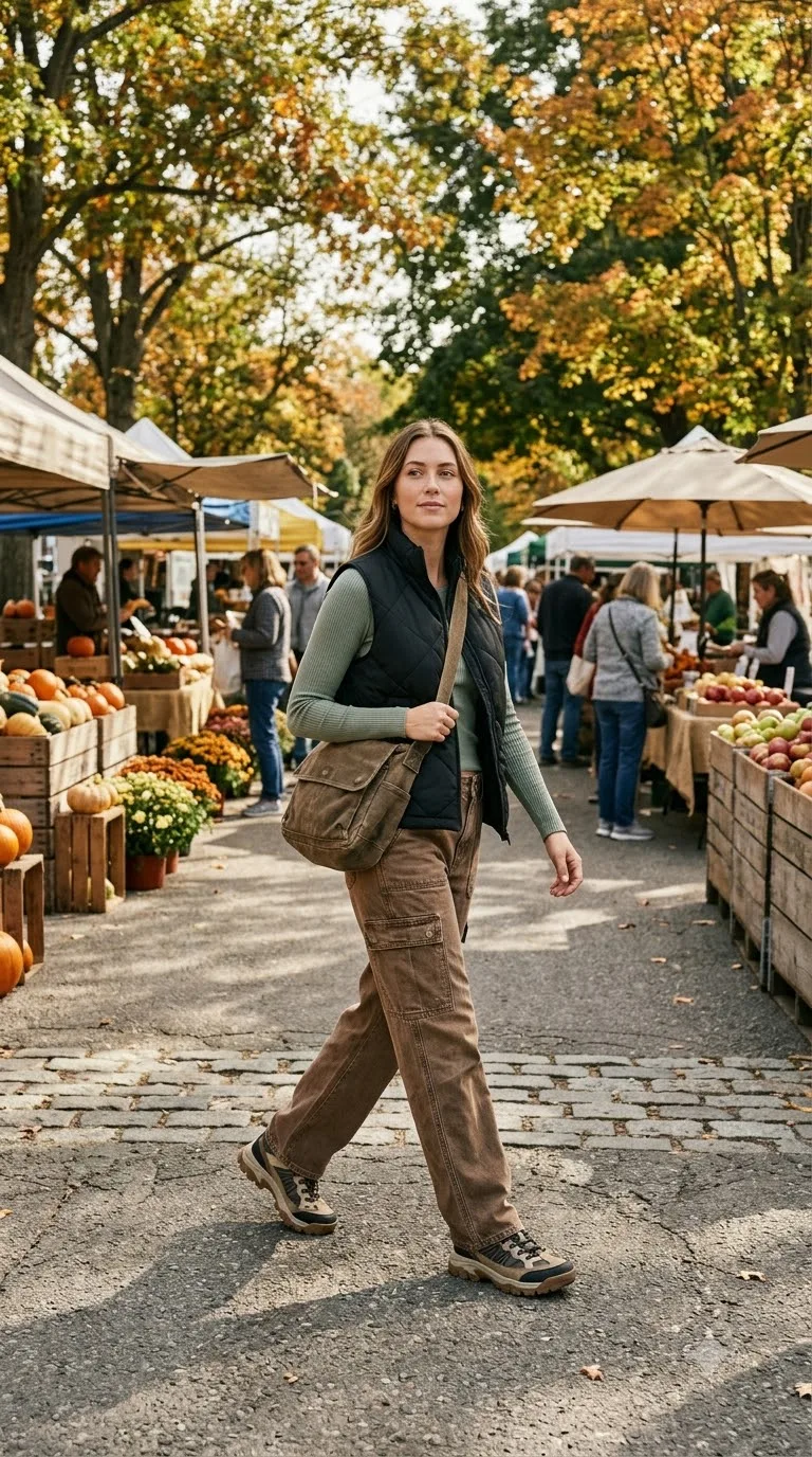Brown Cargo Jeans With a Sage Ribbed Top