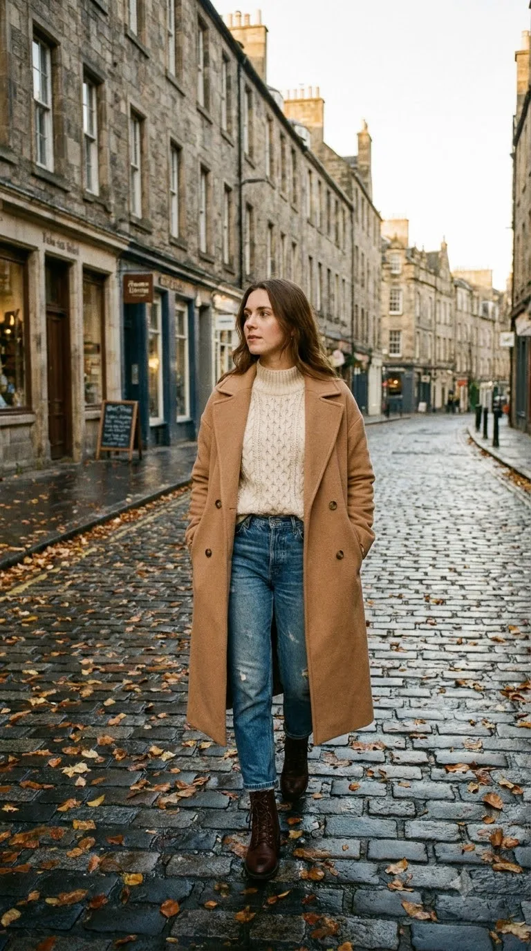 Long coat with knit sweater