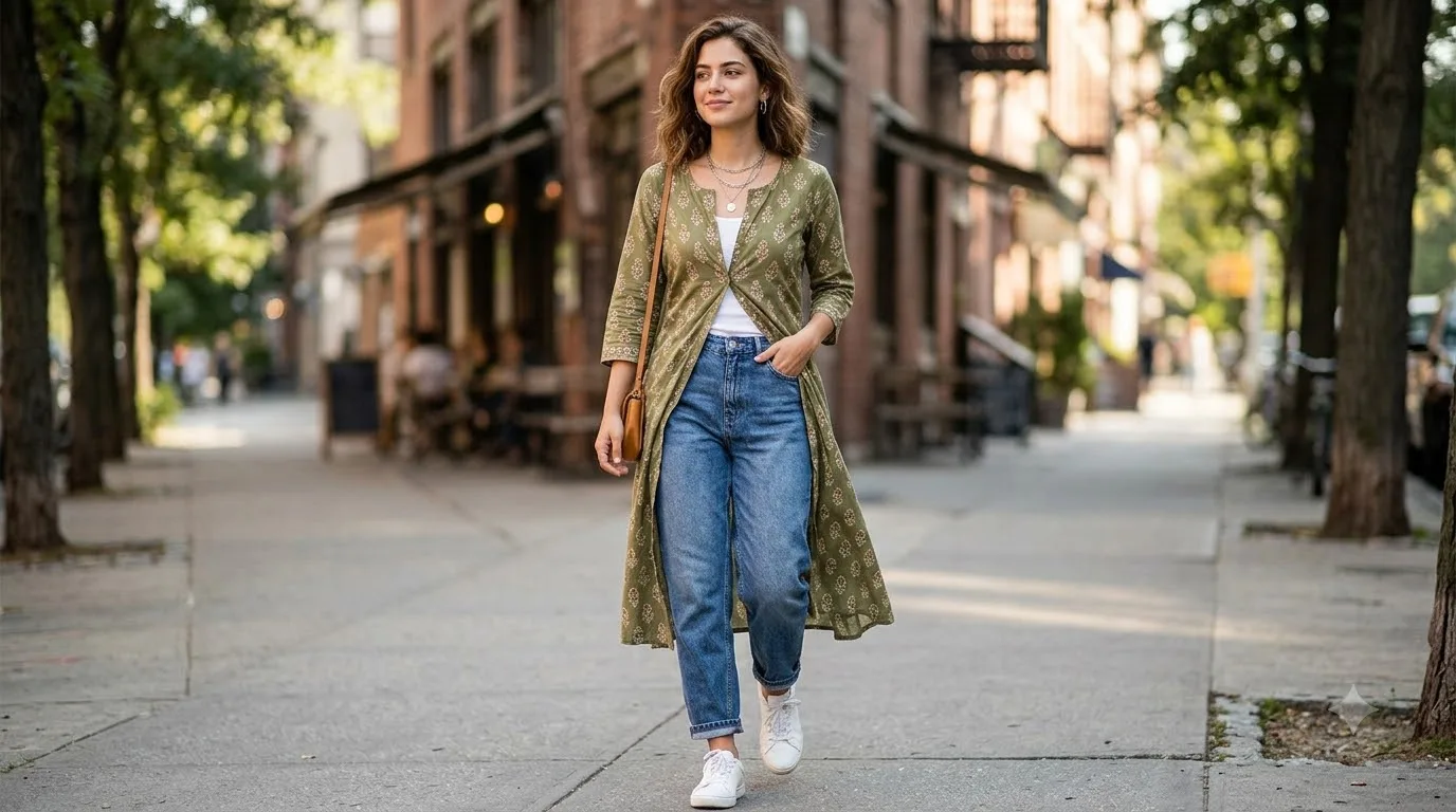 Long Kurti With Mom Jeans