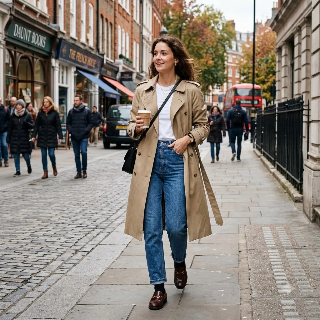 Trench coat with blue jeans