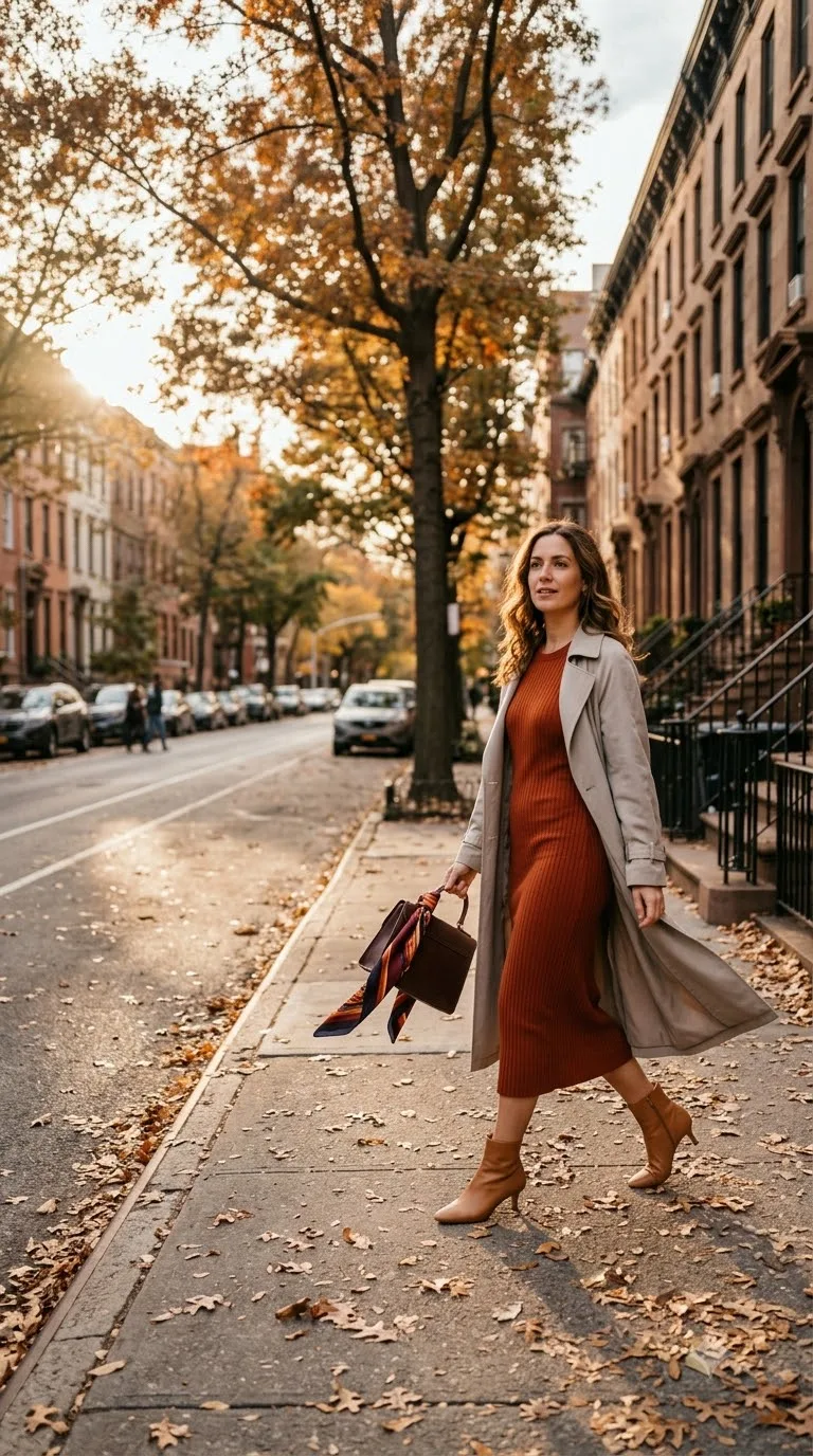 Rust%20Rib Knit%20Midi%20Under%20a%20Stone%20Trench