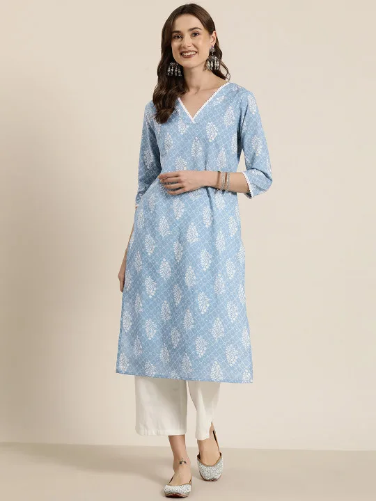 light blue printed V-neck kurti